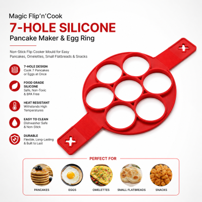Magic Flip’n’Cook 7-Hole Silicone Pancake Maker & Egg Ring – Non-Stick Flip Cooker Mould for Easy Pancakes, Omelettes, Small Flatbreads & Snacks